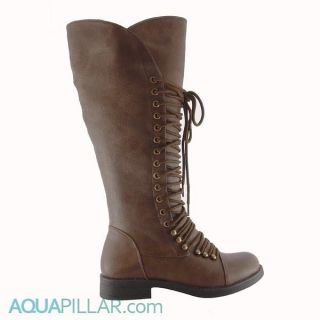 Andrea16 Brown girl military biker laced up boots, stacked heel by 