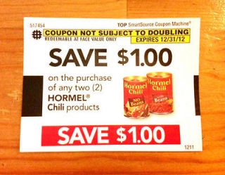 FOOD MEAT BEAN COUPONS ☀☀☀☀ $1.00/2 ANY HORMEL CHILI 