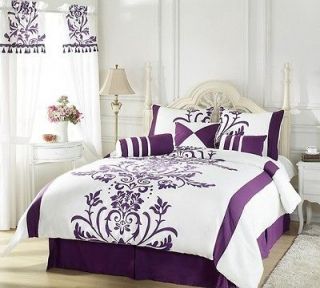   Silk White Purple Floral Flocking Comforter Set Bed in a bag Cal King
