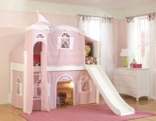   Princess Castle Wooden Bedroom Set Low Loft Tent Bed w/ Tower, Slide