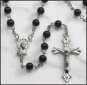 Rosary   Black GLASS Prayer Beads   Crucifix Necklace
