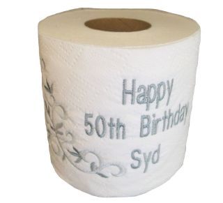 Personalised 50th Birthday Gift ~ Novelty Toilet Paper, Embroidered 