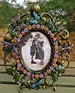 PICTURE FRAME LARGE ORNATE OVAL W/ MULTI CRYSTAL BUTTERFLY ENAMEL 