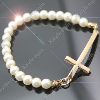   Cross Crucifix Sideways Pearl Bridal Bracelet Bangle Stretchy Costume