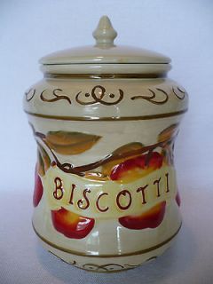   Biscotti Jar Cookie Jar Beige with Apples Says Biscotti on Front