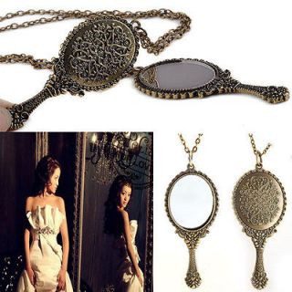   Antique Bronze Princess Magic Hand Mirror Pendant Necklace Chain