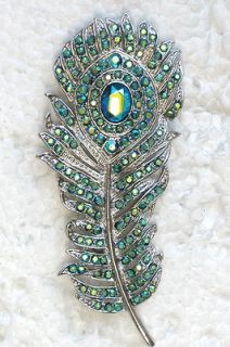 STUNNING EMERALD COLOR AB PEACOCK FEATHER PIN BROOCH H116