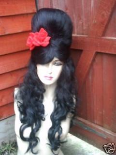 THE BEST AMY WINEHOUSE WIG + 8 Amy Tattoos LONG BLACK BEEHIVE + FLOWER