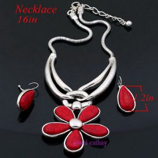 red Turquoise flower Tibet silver necklace earrings set