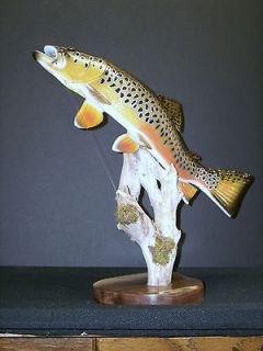 Brown Trout Sculpture Carving Fly Fishing reel looking art, mount 