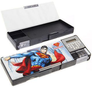 Superman Pencil Box Calculator Two Storages sharpener School Kids 
