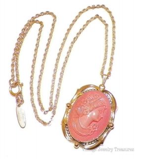 Vintage Whiting & Davis Pink Cameo Gold Tone Pendant Necklace
