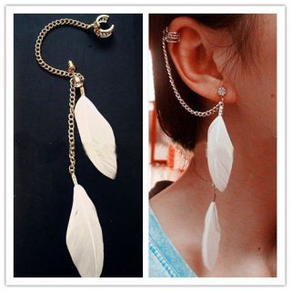   WHITE FEATHER EAR CUFF STUD EARRINGS CHAINS BOHO PUNK WHOLESALE PRICE