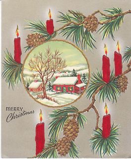Vintage Christmas Card Red Flocked Candles on Tree Cottage Unused Made 