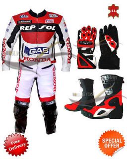 Honda repsol full suit motorbike Leather jacket trouser shoes gloves 