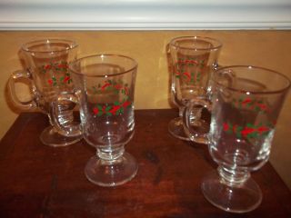   Arbys Christmas Set Of 4 Holly Berry Gold Rim Irish Coffee Mug Glasses