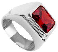 Mens Ruby Red Stone Solitaire Rhodium Plated Ring New