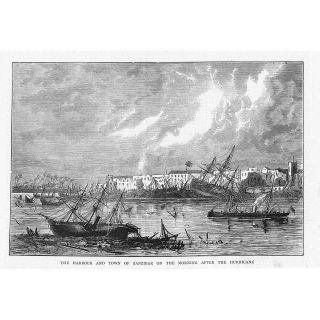   Tanzania The Harbour and Town after the Hurricane   Antique Print 1872
