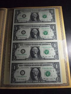 UNCUT SHEET 4 x $1 Dollar Bills F,UNCIRCULATED CURRENCY US BILL Rare 