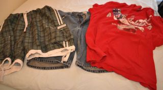 Lot of mens jean shorts, swimming trunks and T shirt size 34 XXL &2X