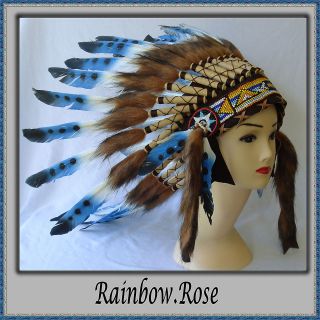 INDIAN CHIEF Headdress 55cm BLUE TAN Fur Deluxe Unisex Native American 