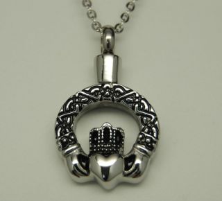 GORGEOUS IRISH CELTIC CLADDAGH CREMATION URN JEWELRY STAINLESS STEEL 