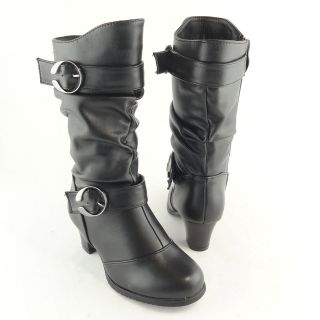 Kids Mid Calf Slouchy High Heel Boots Black PU Sz 9 4 / side zip 