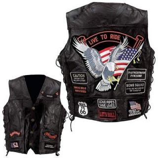 Mens Leather Motorcycle Biker Vest Waist Coat w/14 Patches~M L XL 2X 