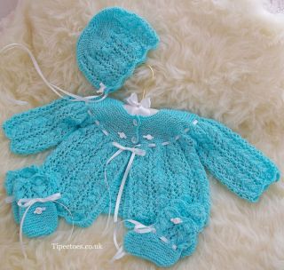 Hand Knitted Baby or Reborn Clothes Girls Matinee Set Bonnet, Mittens 