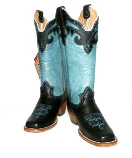   Reyme 37944 Black/Baby Blue Square Toe all Leather Western Boot