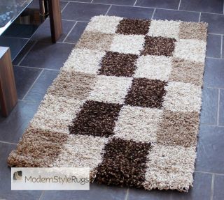 Brown Beige & Cream Check Shaggy Rug   Ideal For Bedrooms & Living 