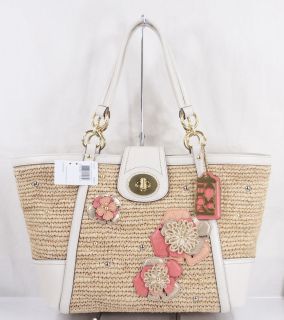 NEW COACH HAMPTONS WEEKEND STRAW LEATHER FLORAL APPLIQUE TOTE BAG 