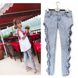 Women Side Bow Cutout Ripped Denim Sexy Skinny Slim Fit Jeans Trousers 