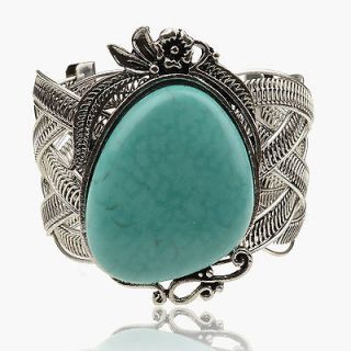 Twist Floral Huge Tibet Silver VTG Nature Turquoise Cuff Bangle 