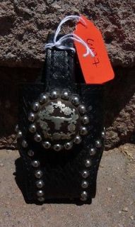   Black Basket Weave Leather Longhorn Concho Cell Phone Case Holder