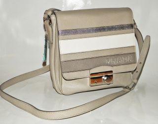 PRADA Saffiano Stripe Flap Push Lock Crossbody Shoulder Bag Handbag 