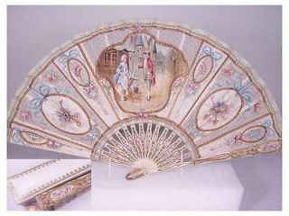   Carved Ox Bone Inlaid Mother Pearl Signed Handpainted Brise Fan w. Box
