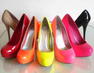New Stilettos Round Toe Platform High Heel Patent Pumps Pink Red Neon 