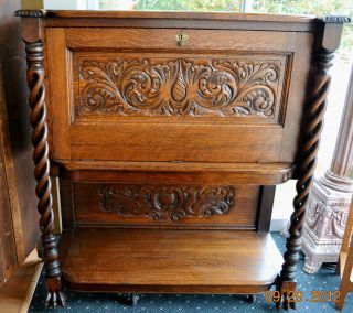 GORGEOUS Antique Oak Liquor Cabinet, carved open twists, claw feet 