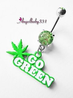  GREEN Pot Leaf Marijuana Dangle Belly Ring Bar Navel Ring Adorable
