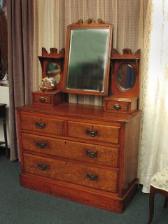 Late 1800s Curly Maple Womans Victorian Dresser with Oval Beveled 