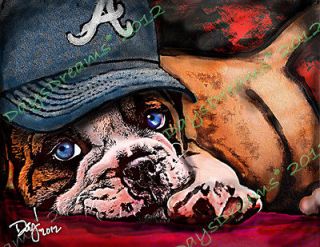 English Bulldog Bully Pup Atlanta Braves Cap Pet Portrait Watercolor 