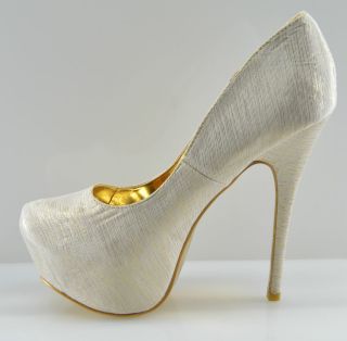 Alba Mystic Cream Gold Threaded Satin Pump Sandal Wedding Shoe 6 Heel 