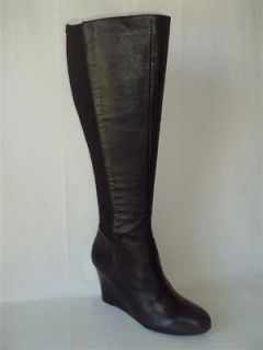 Michael Kors Womens Boot Bromley Wedge Black Leather/Elasti​c Knee 