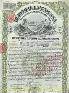 Republica Mexicana Bonos del Estado de Tamaulipas 1907
