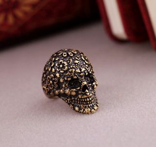   Gold Deaths head Skull Mosaic Prosperous Flower Mens Finger Ring