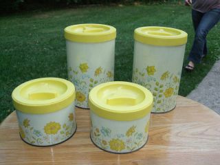 Lot Set of 4 Yellow Flower Metal Kitchen Canisters Ballonoff Cleveland 