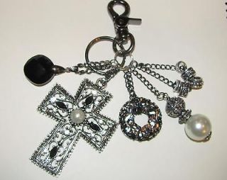   Crafted Gunmetal Purse Charm Key Ring Chain with Cross, Pearl, Crystal