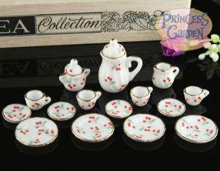 Dollhouse Miniature Porcelain Cherry Tea Set Dishes x17
