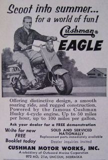 1958 Vintage CUSHMAN Eagle MOTOR SCOOTER 2¾ x 4 Ad * Scoot into 